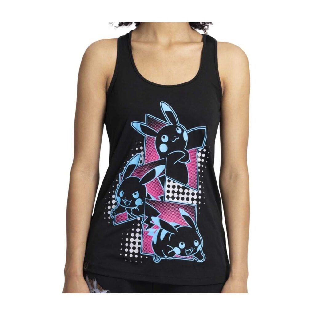 7d397364-4993-54aa-a02c-3490f2e090c9-1024x1024-1.jpg Pikachu Neon Pokémon Active Black, Pink & Blue Performance Tank Top – Women - Image 1