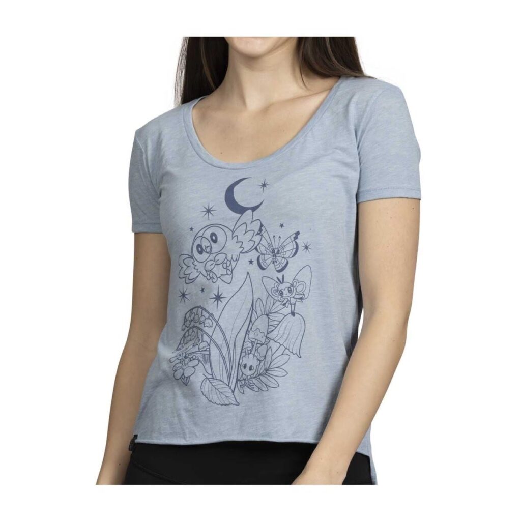 905dc3e5-adf7-51cb-b5cc-85e974cbb658-1024x1024-1.jpg Rowlet & Friends Pokémon Nature: Spring Blue Scoop Neck Festival T-Shirt – Women - Image 1