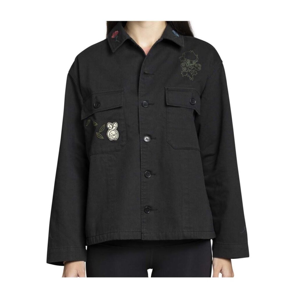 aa974b99-943e-55b0-905d-6b8c60a5712e-1024x1024-1.jpg Budew, Roselia & Roserade Pokémon Nature: Fall Black Utility Jacket – Women - Image 1