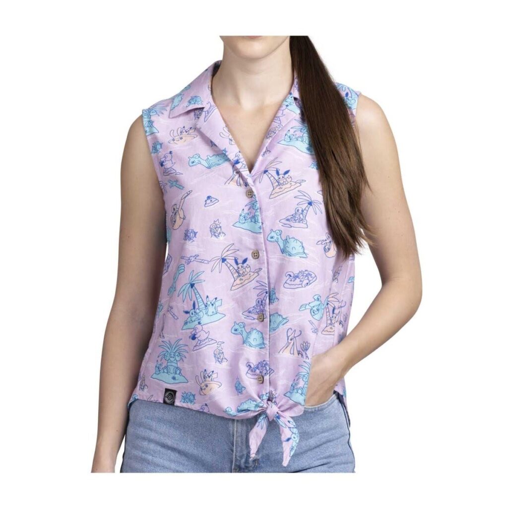 aa9bb53b-e831-5d55-b861-de1b5818c9d5-1024x1024-1.jpg Pokémon Tropical Sunny Seas Purple Sleeveless Tropical Shirt – Women - Image 1