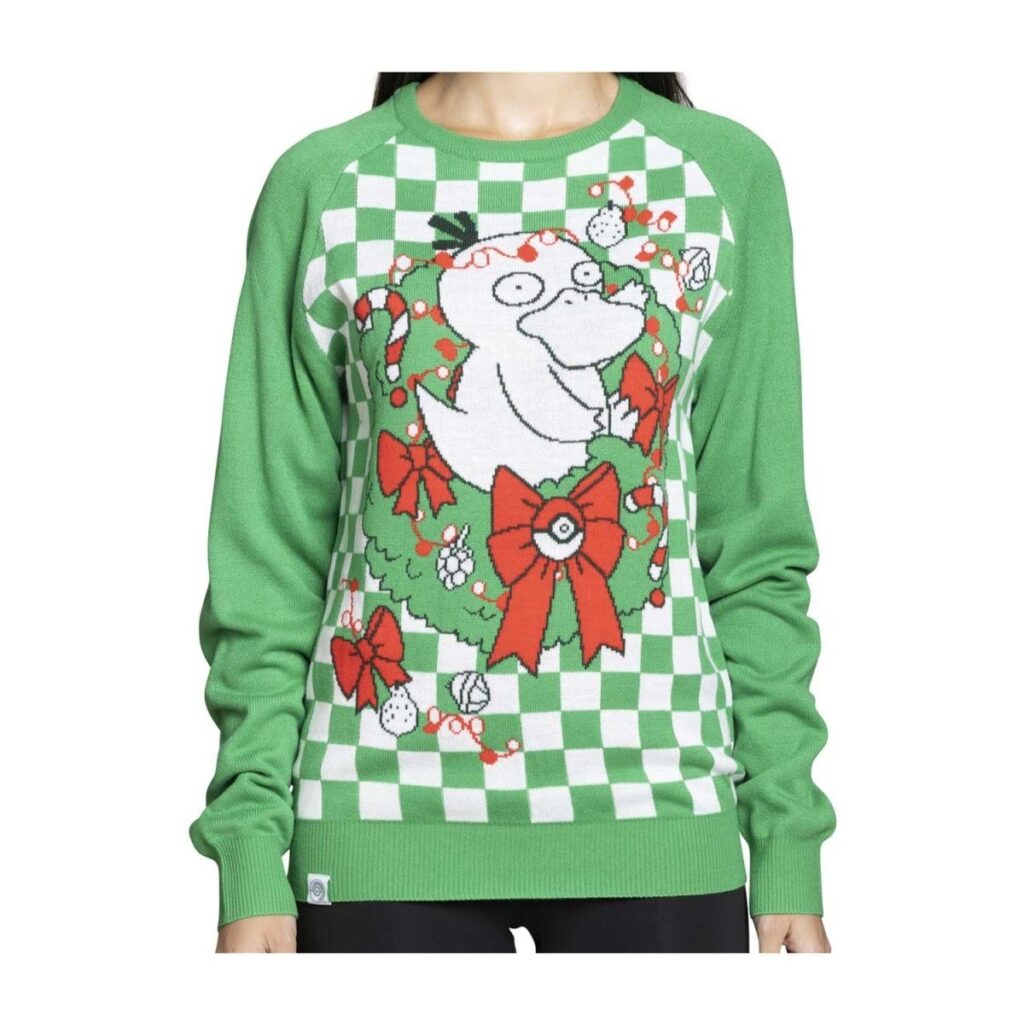 b2cceb68-20ca-533c-9c49-68e763846123-1024x1024-1.jpg Psyduck Holiday Green Knit Sweater – Adult - Image 1