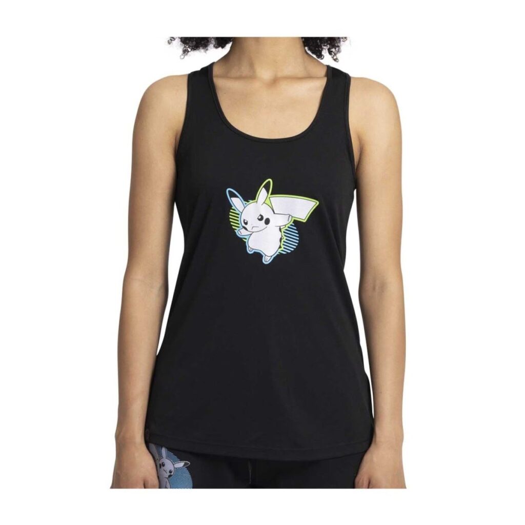 d97a86dd-aaa6-5736-b2c0-222b6e17a4a5-1024x1024-1.jpg Pikachu Neon Pokémon Active Black, Green & Blue Performance Tank Top – Women - Image 1